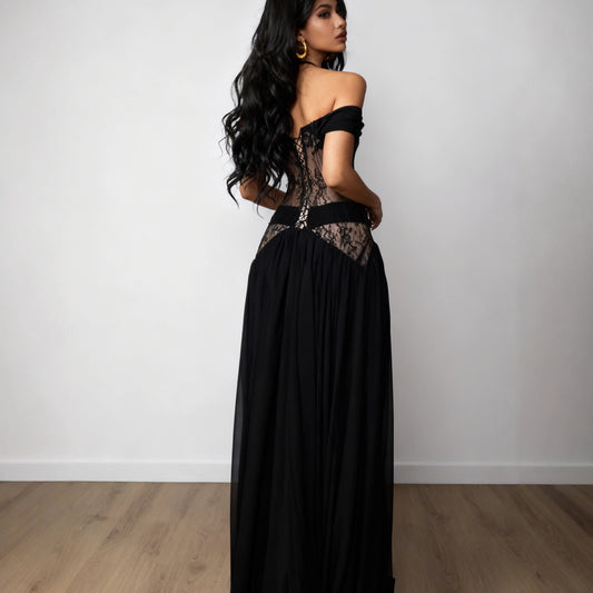 Black Off-the-shoulder Lace Hollow-out Maxi Dress