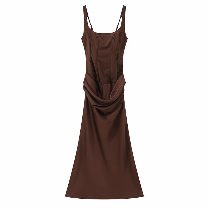 Solid Pleated Sling Dress Women Square Neck Sleeveless Off-shoulder Waist Cinching Slim Dresses Lady Summer Evening Party Gowns