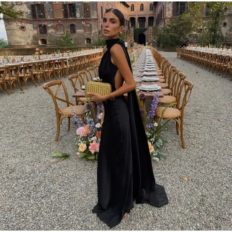 Satin Halter Backless Maxi Dress