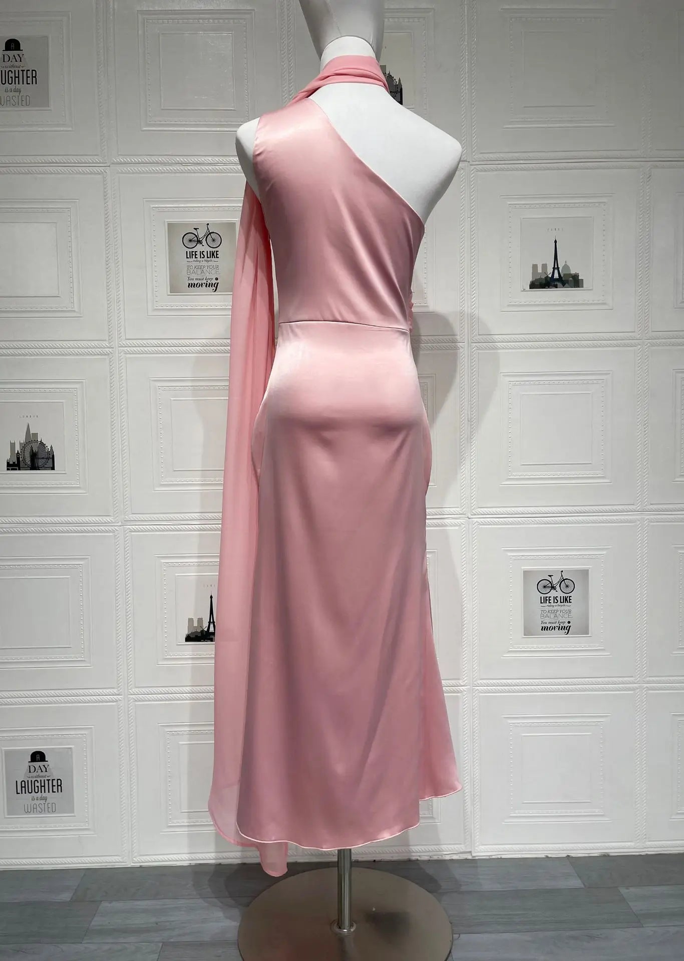 Halter Neck Satin Midi Dress with Sash