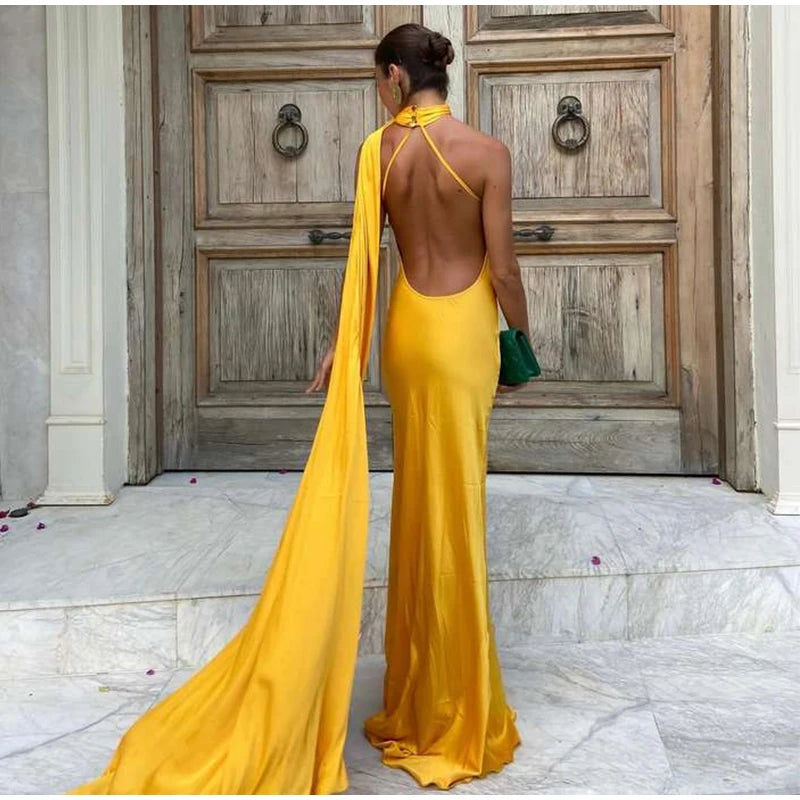Satin Halter Backless Maxi Dress