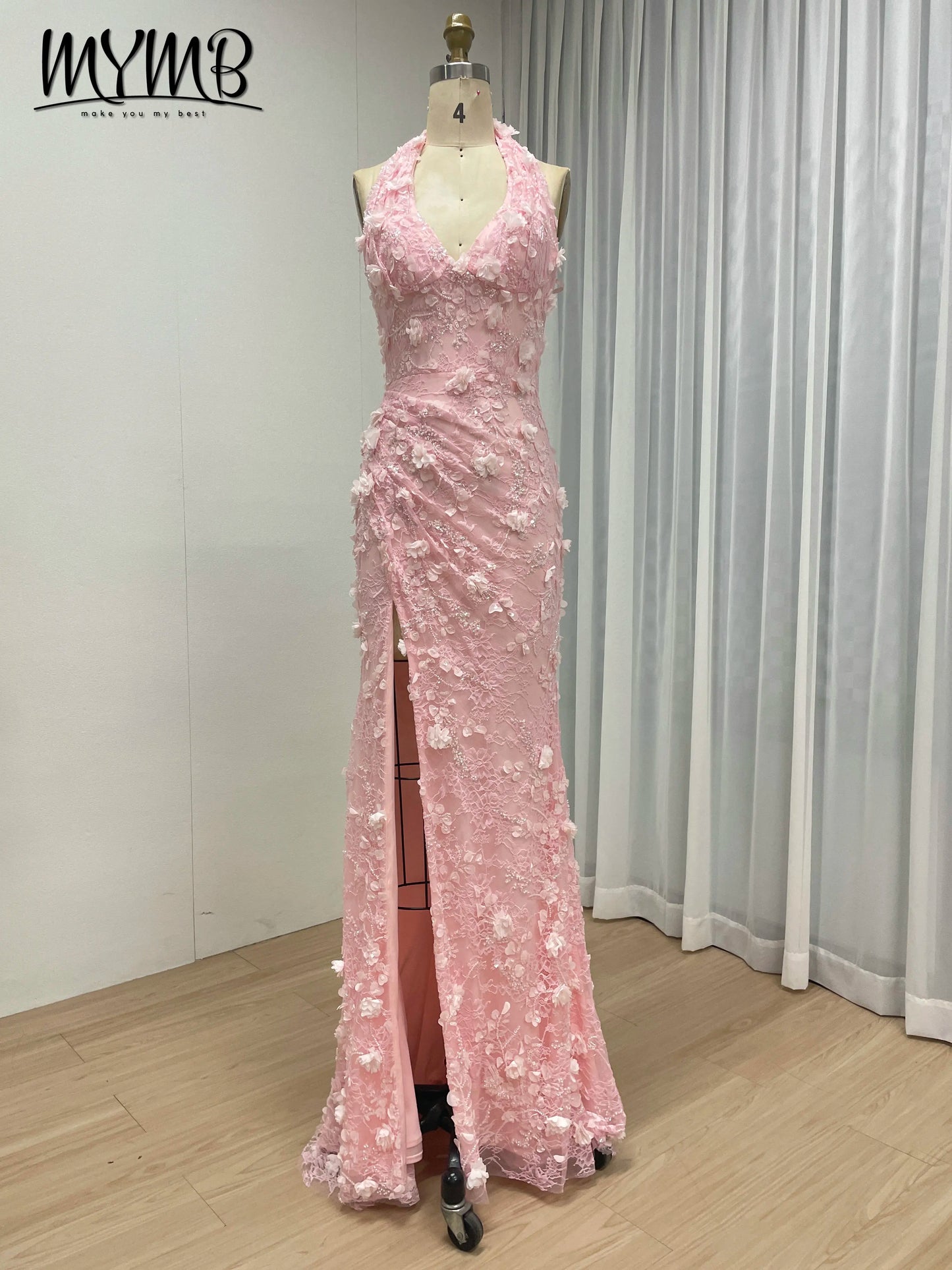 Halter Neck 3D Floral Lace Mermaid Gown