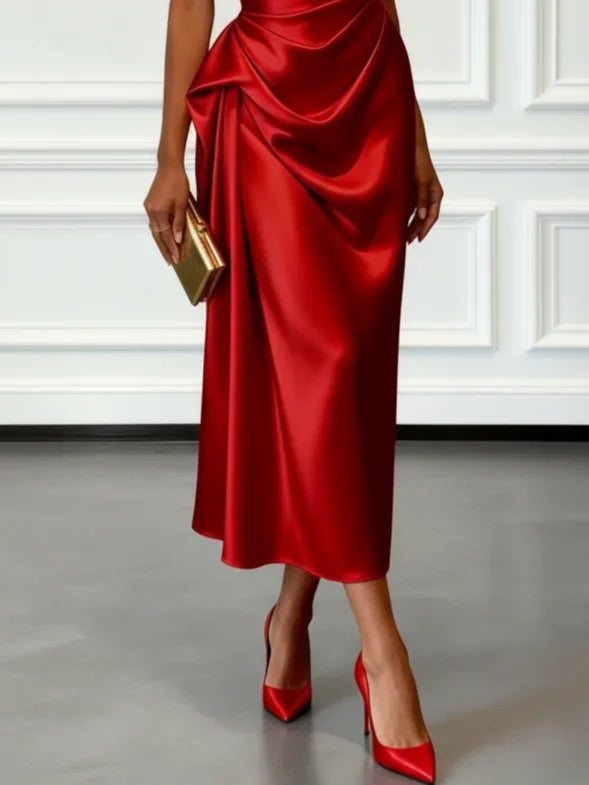 Ruched Satin One-Shoulder Maxi Dress