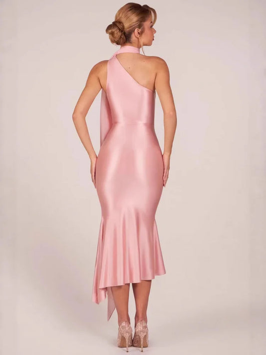 Halter Neck Satin Midi Dress with Sash