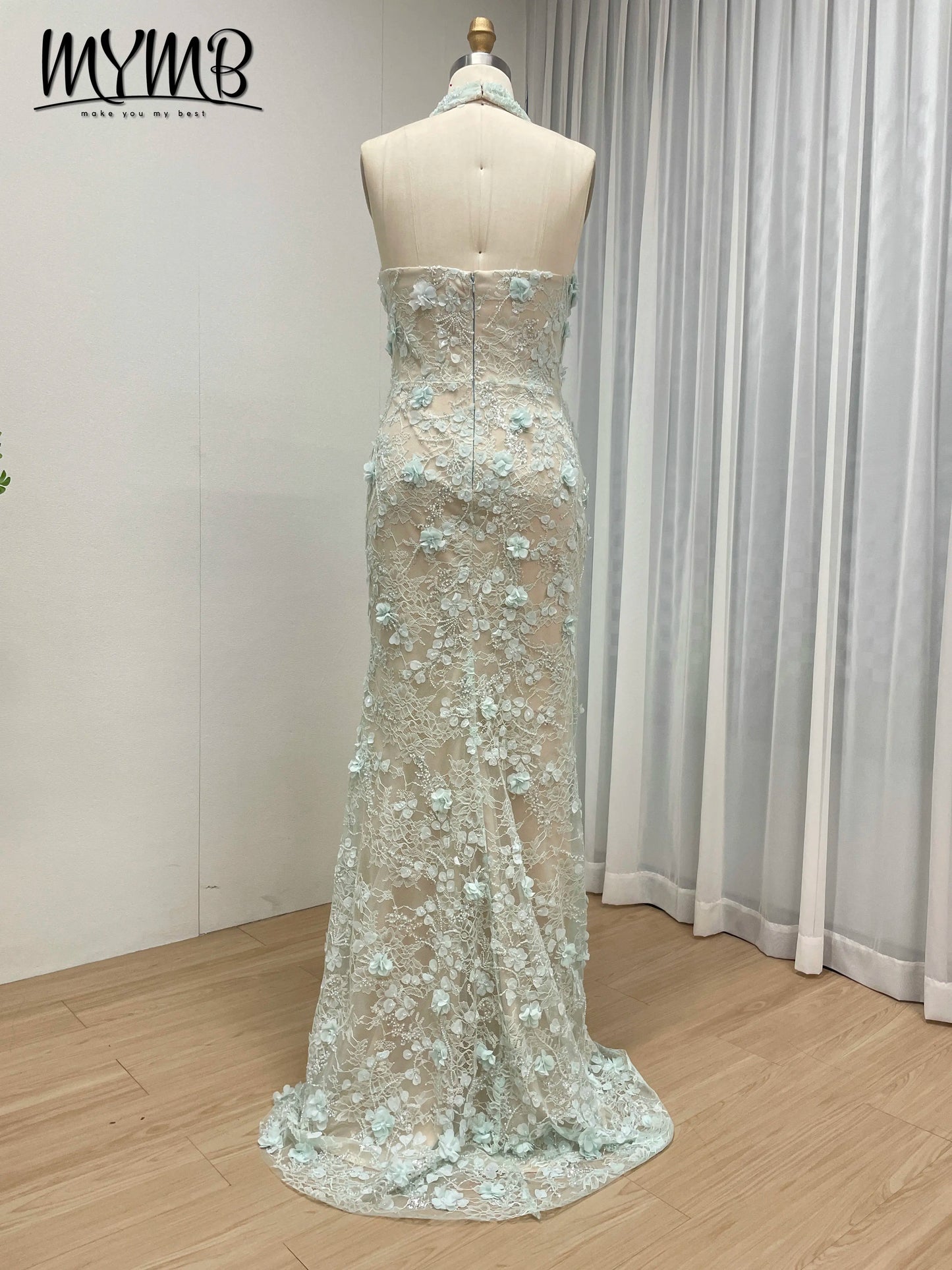 Halter Neck 3D Floral Lace Mermaid Gown