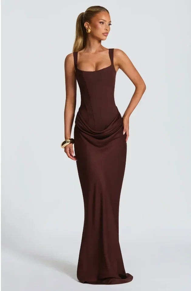 Solid Pleated Sling Dress Women Square Neck Sleeveless Off-shoulder Waist Cinching Slim Dresses Lady Summer Evening Party Gowns