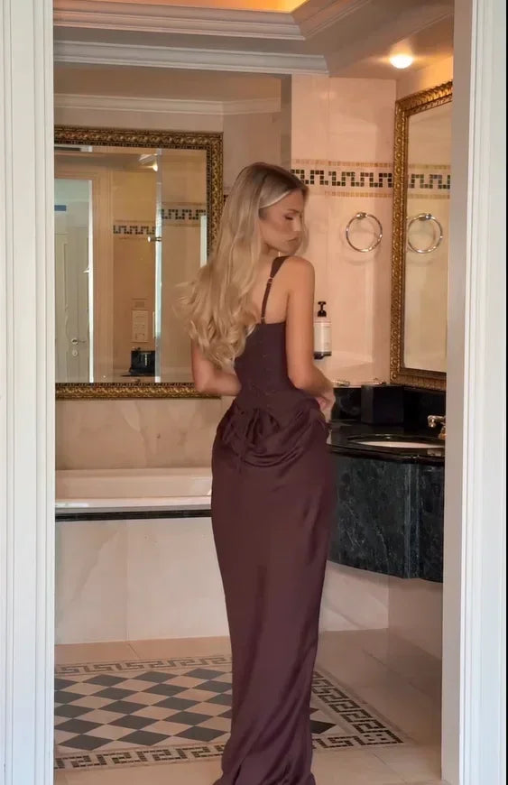 Solid Pleated Sling Dress Women Square Neck Sleeveless Off-shoulder Waist Cinching Slim Dresses Lady Summer Evening Party Gowns