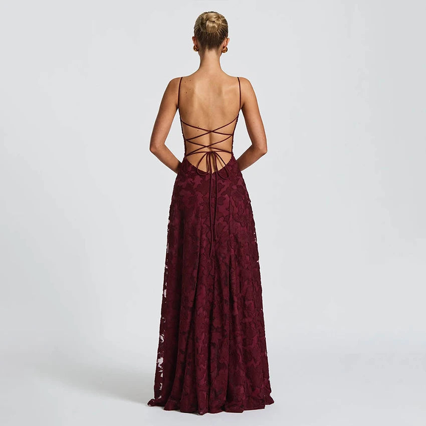 Floral Embroidery Backless Maxi Dress