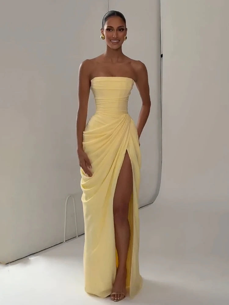 Off-Shoulder Pleated A-Line Maxi Dress