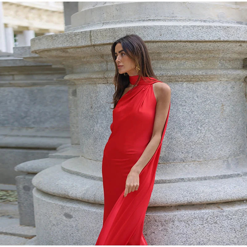 Satin Halter Backless Maxi Dress