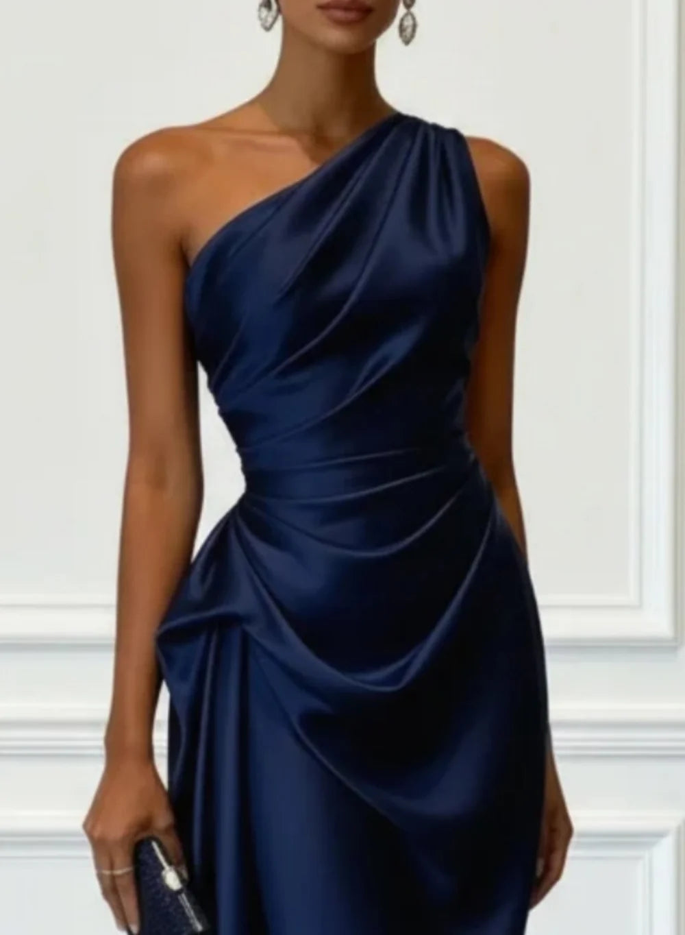 Ruched Satin One-Shoulder Maxi Dress