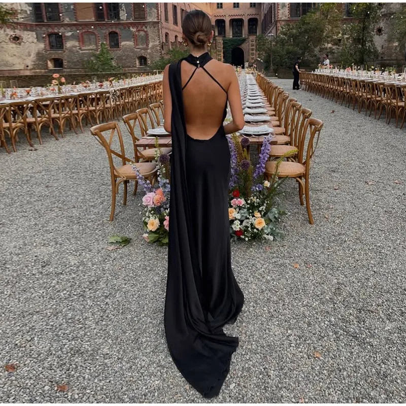 Satin Halter Backless Maxi Dress