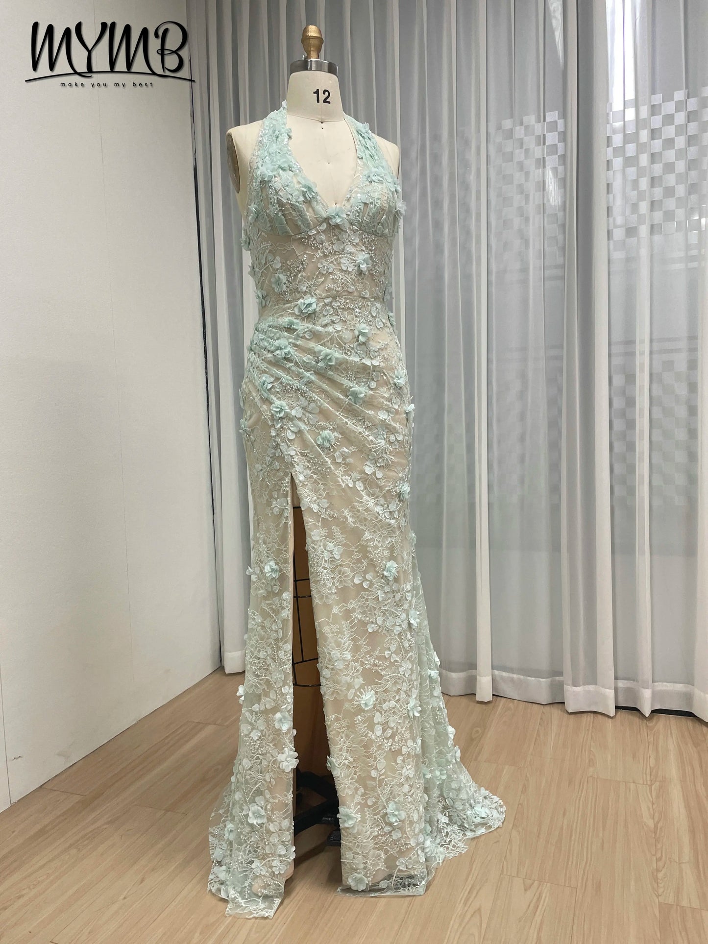 Halter Neck 3D Floral Lace Mermaid Gown