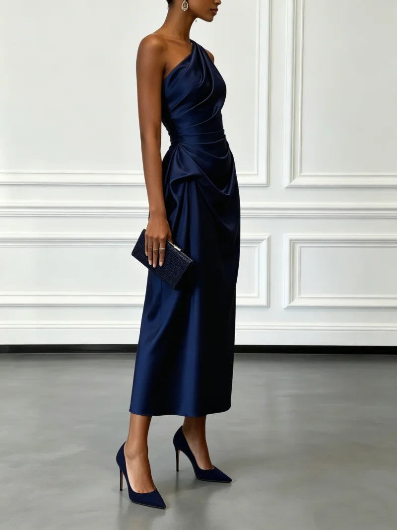 Ruched Satin One-Shoulder Maxi Dress