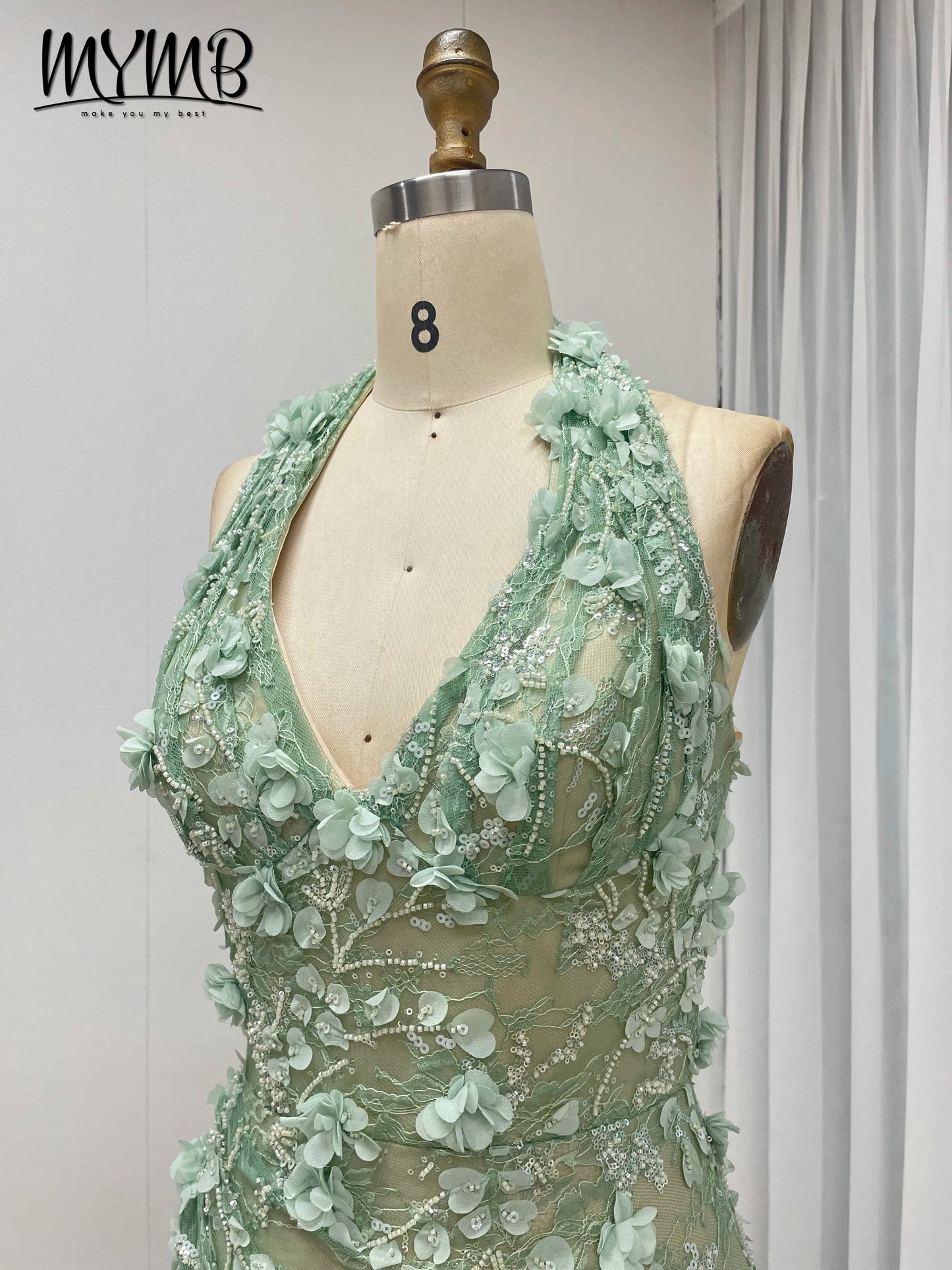 Halter Neck 3D Floral Lace Mermaid Gown