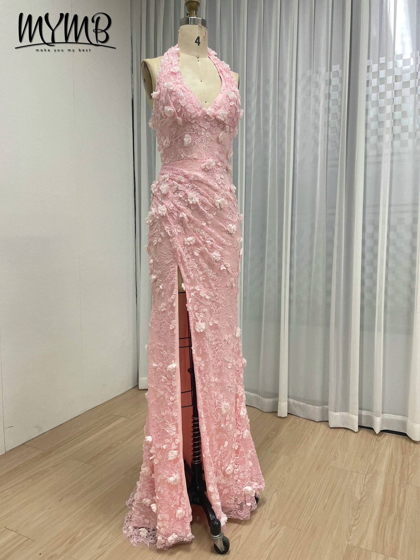 Halter Neck 3D Floral Lace Mermaid Gown