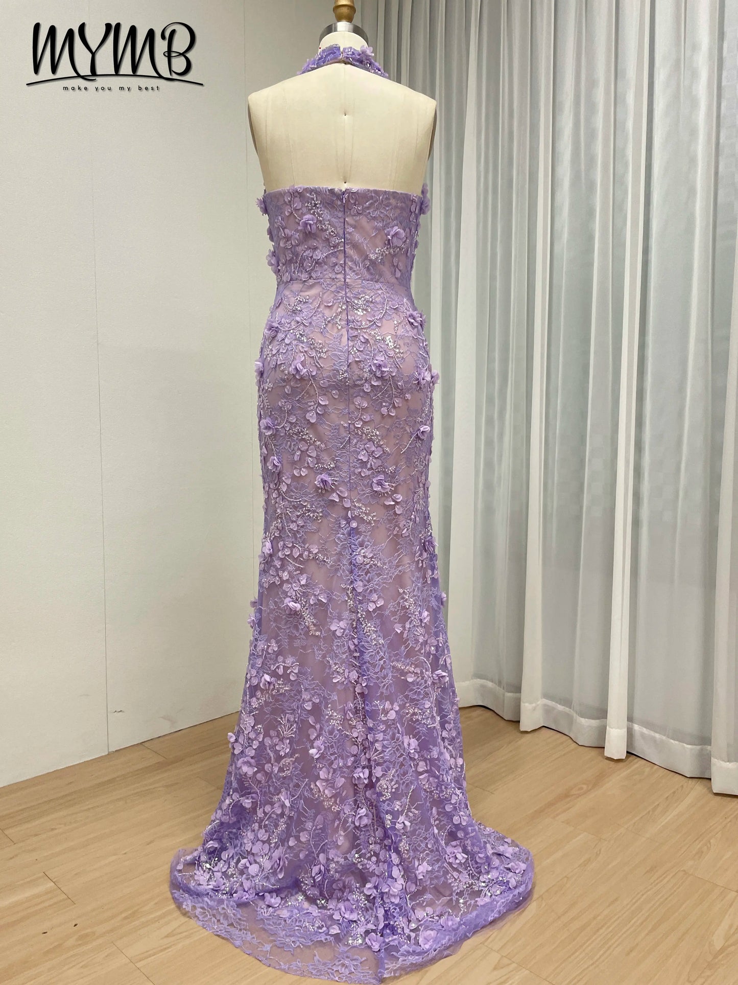 Halter Neck 3D Floral Lace Mermaid Gown