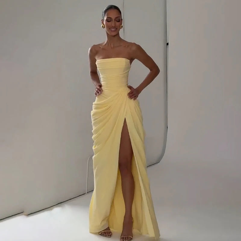 Off-Shoulder Pleated A-Line Maxi Dress