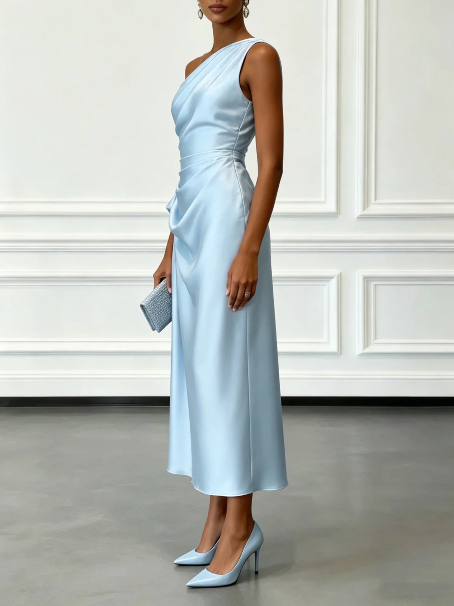 Ruched Satin One-Shoulder Maxi Dress
