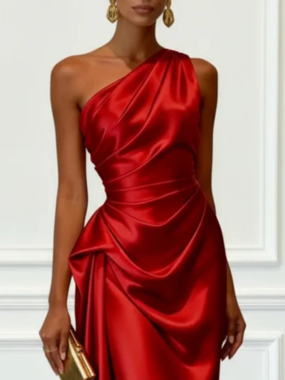 Ruched Satin One-Shoulder Maxi Dress