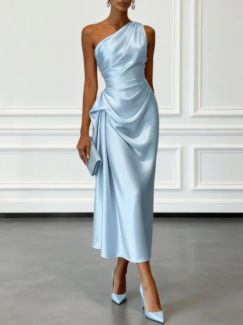 Ruched Satin One-Shoulder Maxi Dress