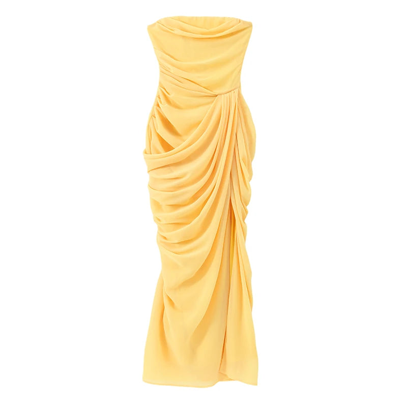 Off-Shoulder Pleated A-Line Maxi Dress