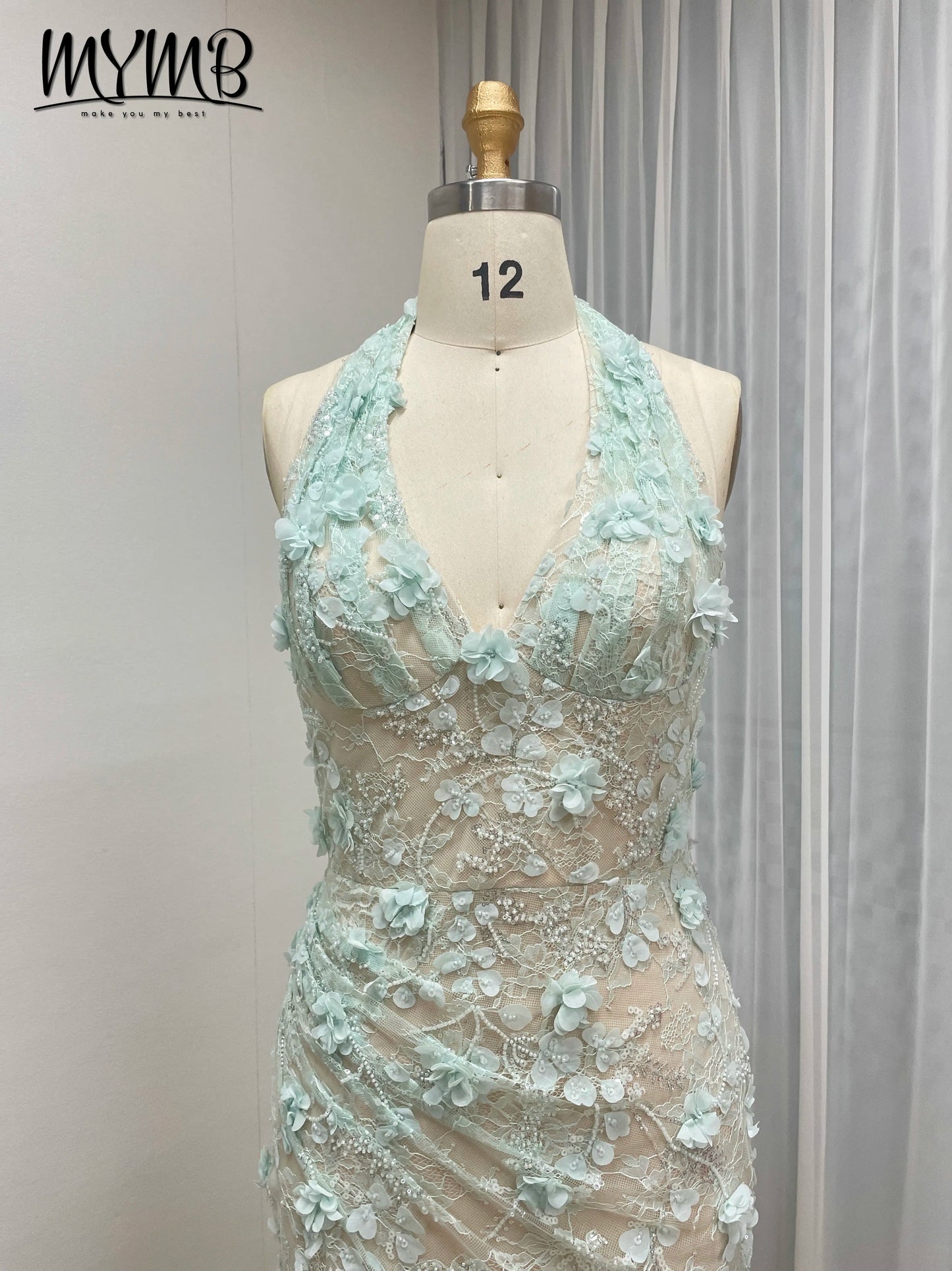 Halter Neck 3D Floral Lace Mermaid Gown