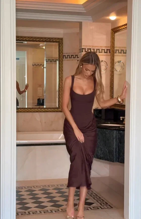 Solid Pleated Sling Dress Women Square Neck Sleeveless Off-shoulder Waist Cinching Slim Dresses Lady Summer Evening Party Gowns