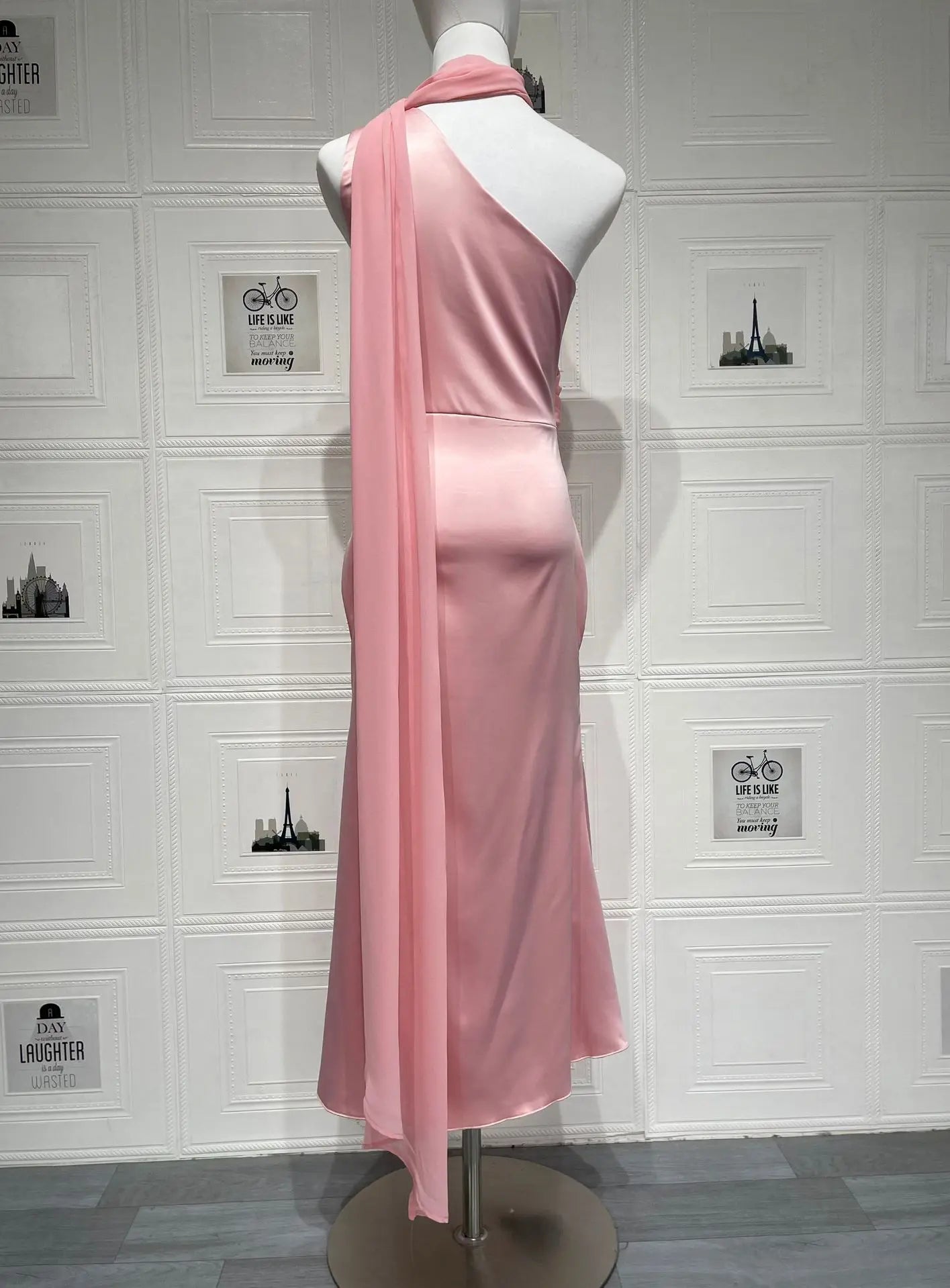 Halter Neck Satin Midi Dress with Sash