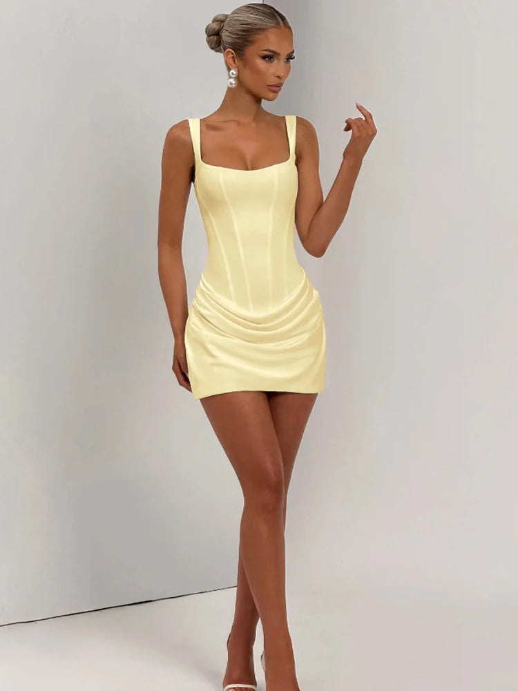 Solid Pleated Sling Dress Women Square Neck Sleeveless Off-shoulder Waist Cinching Slim Dresses Lady Summer Evening Party Gowns