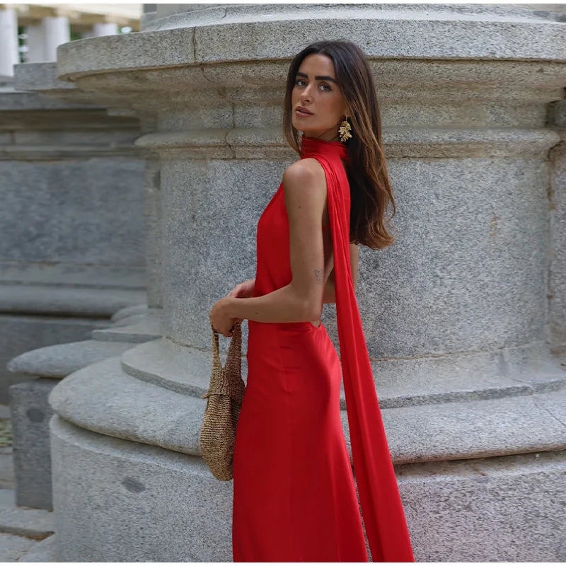 Satin Halter Backless Maxi Dress
