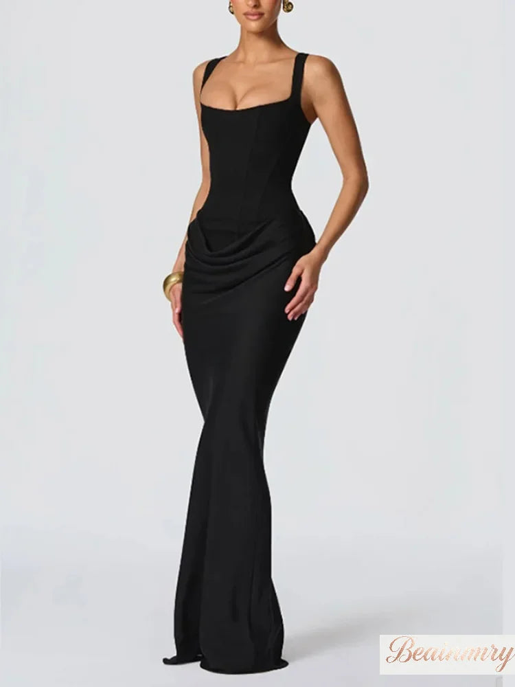 Solid Pleated Sling Dress Women Square Neck Sleeveless Off-shoulder Waist Cinching Slim Dresses Lady Summer Evening Party Gowns