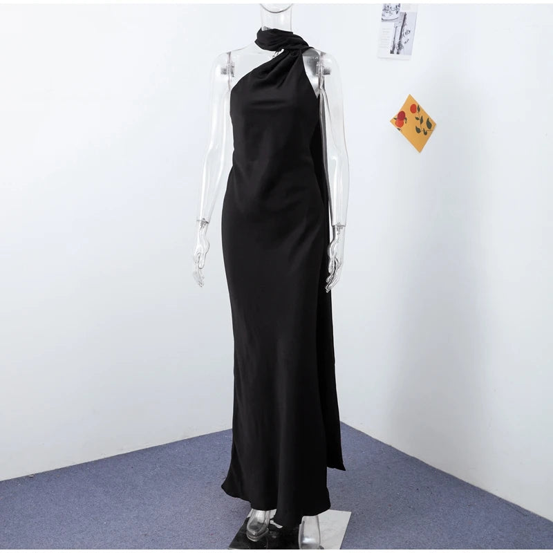 Satin Halter Backless Maxi Dress