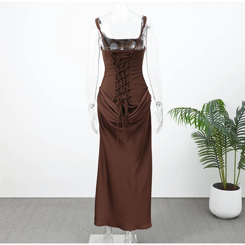 Solid Pleated Sling Dress Women Square Neck Sleeveless Off-shoulder Waist Cinching Slim Dresses Lady Summer Evening Party Gowns