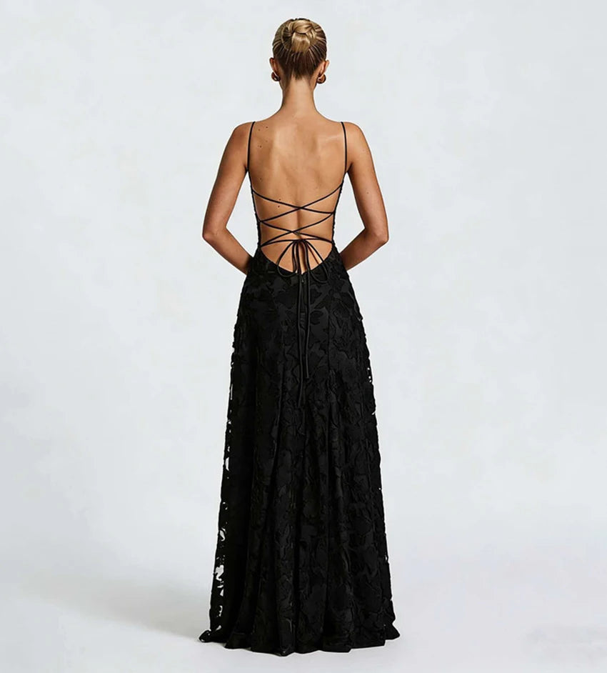 Floral Embroidery Backless Maxi Dress