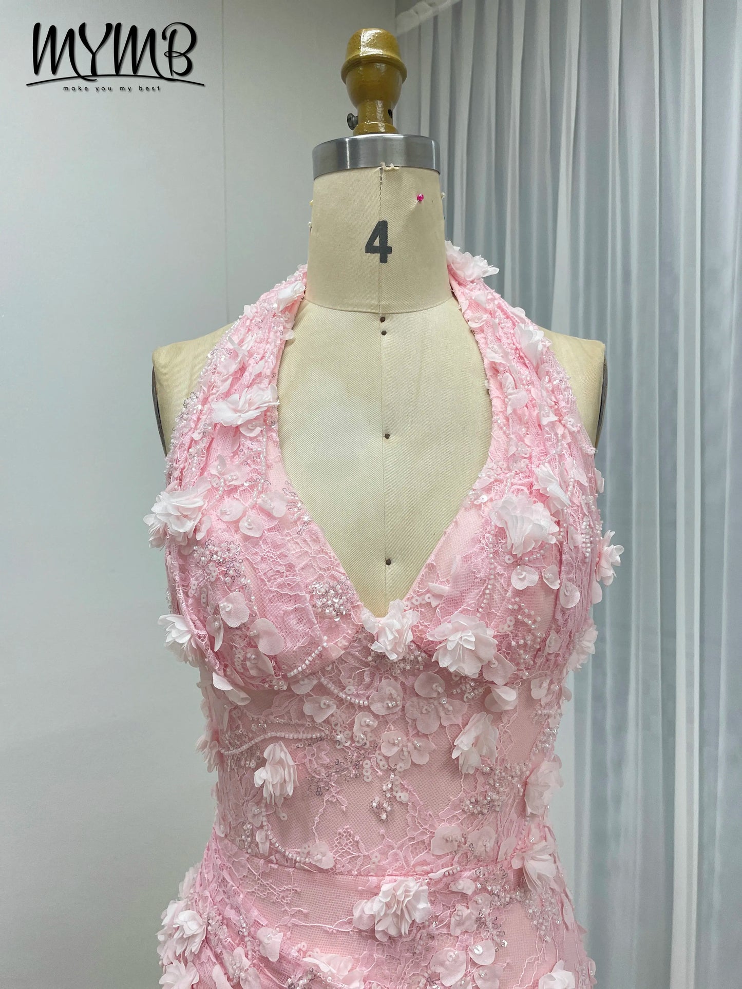 Halter Neck 3D Floral Lace Mermaid Gown