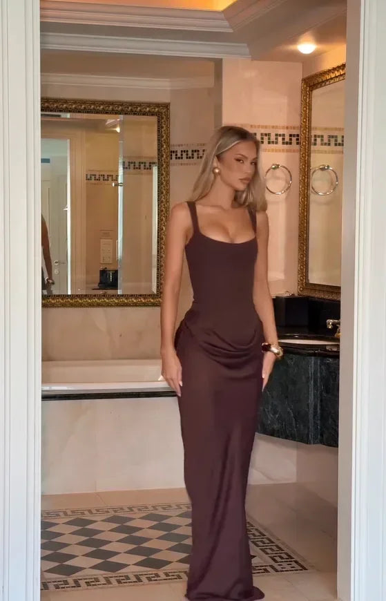 Solid Pleated Sling Dress Women Square Neck Sleeveless Off-shoulder Waist Cinching Slim Dresses Lady Summer Evening Party Gowns
