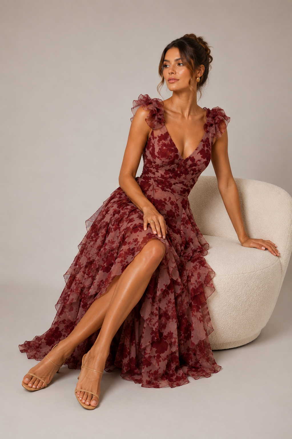 European American Fashion Floral Print U-neck Flying Sleeves High Waist Ruffles Long Dress