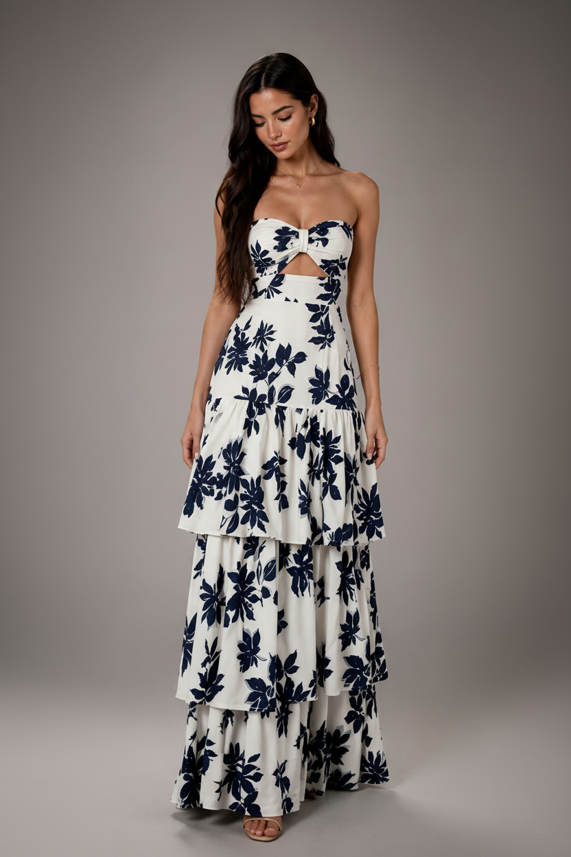 Strapless Printed Ruffle Maxi Dress