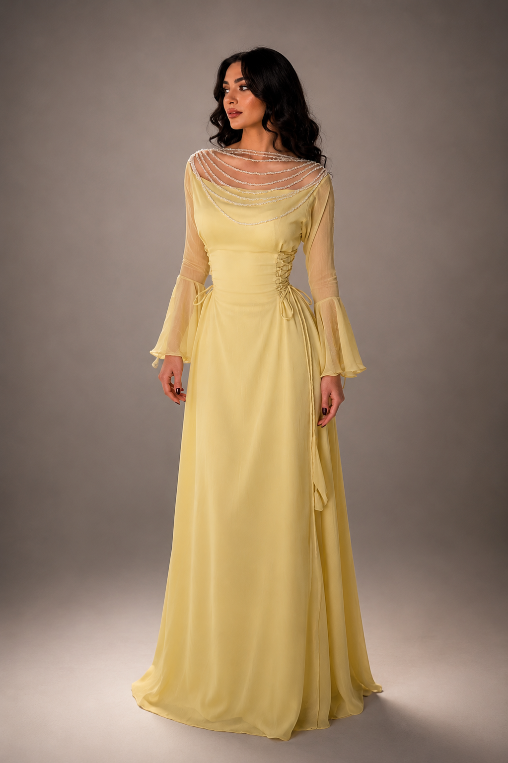 Yellow Pleated Belted Ruffled Sleeves Maxi Dress