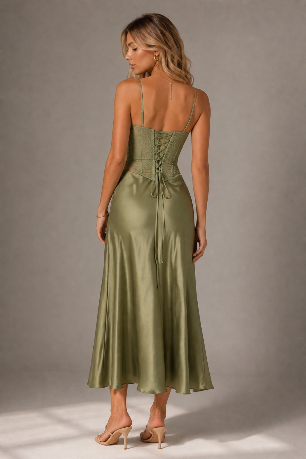 Sexy Lace Sling Corset Satin Mid-length Dress Set
