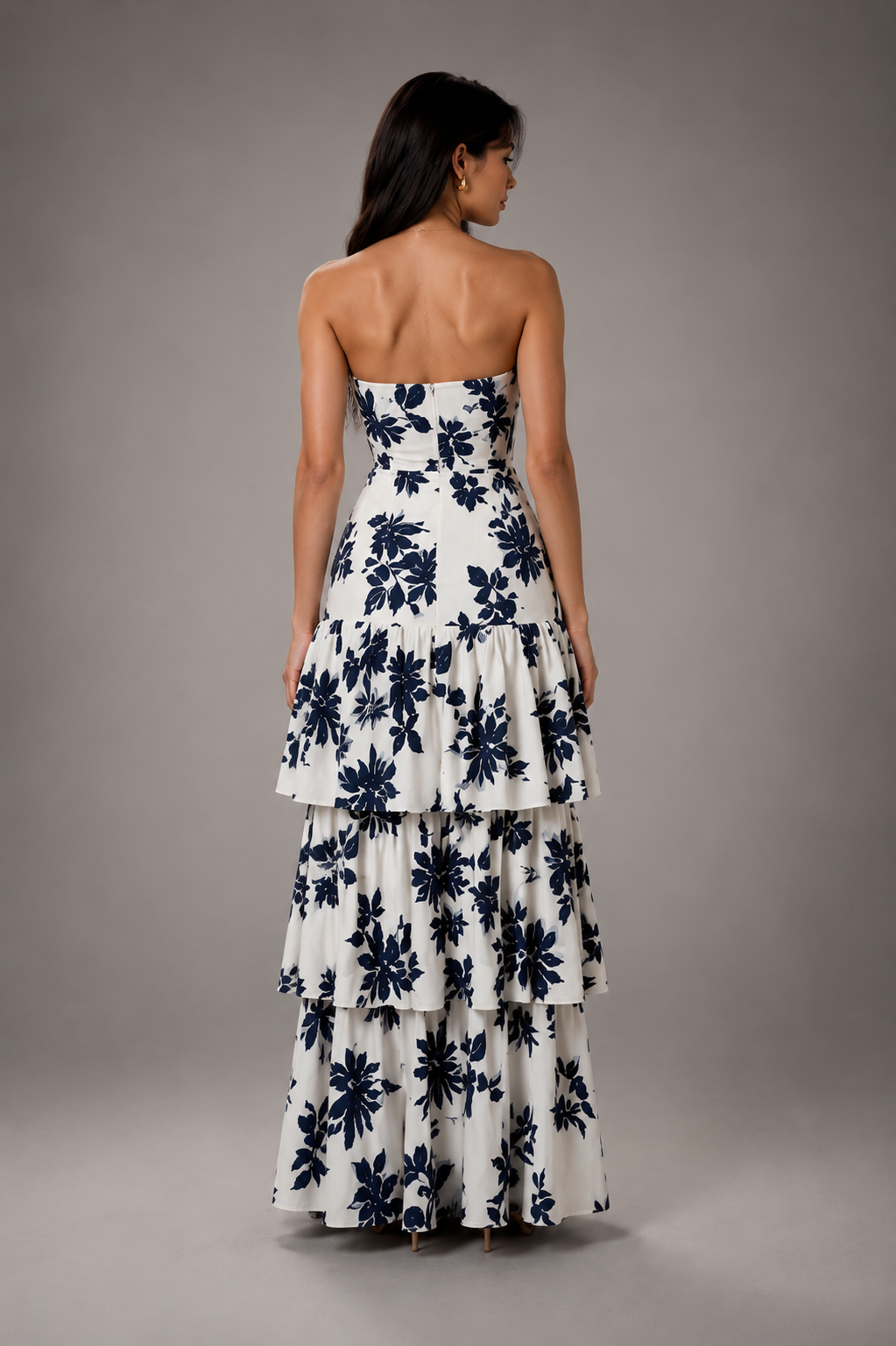 Strapless Printed Ruffle Maxi Dress