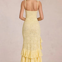 Summer Sexy Yellow Lace Dress High Waist Slim Fit Ruffle Edge Square Collar Backless Strap Women's Long Dresses 2026 New ﻿