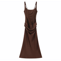 Solid Pleated Sling Dress Women Square Neck Sleeveless Off-shoulder Waist Cinching Slim Dresses Lady Summer Evening Party Gowns