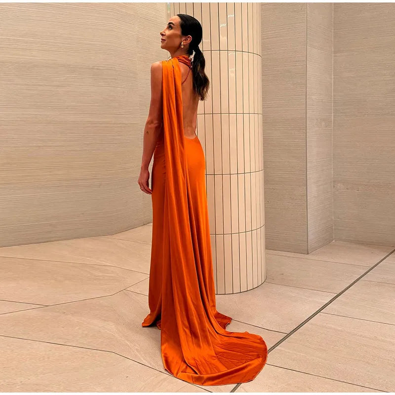 Satin Halter Backless Maxi Dress