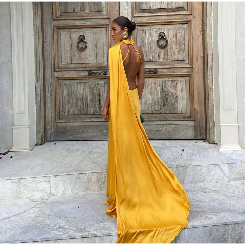 Satin Halter Backless Maxi Dress