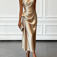 Ruched Satin One-Shoulder Maxi Dress