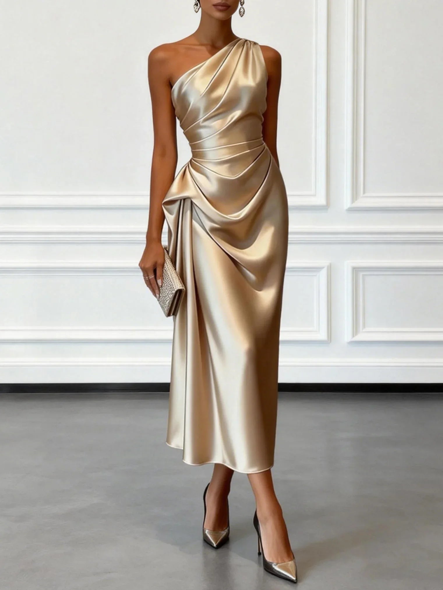 Ruched Satin One-Shoulder Maxi Dress