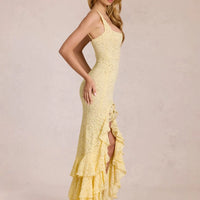 Summer Sexy Yellow Lace Dress High Waist Slim Fit Ruffle Edge Square Collar Backless Strap Women's Long Dresses 2026 New ﻿