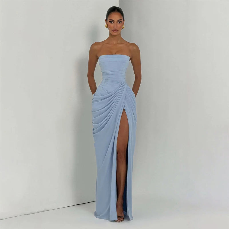 Off-Shoulder Pleated A-Line Maxi Dress